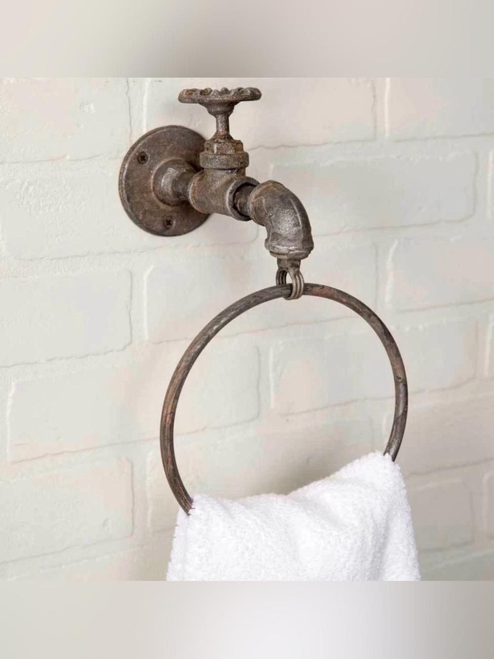 Set of Two Water Spigot Faucet Towel Ring Rustic Metal Kitchen Bath Farmhouse